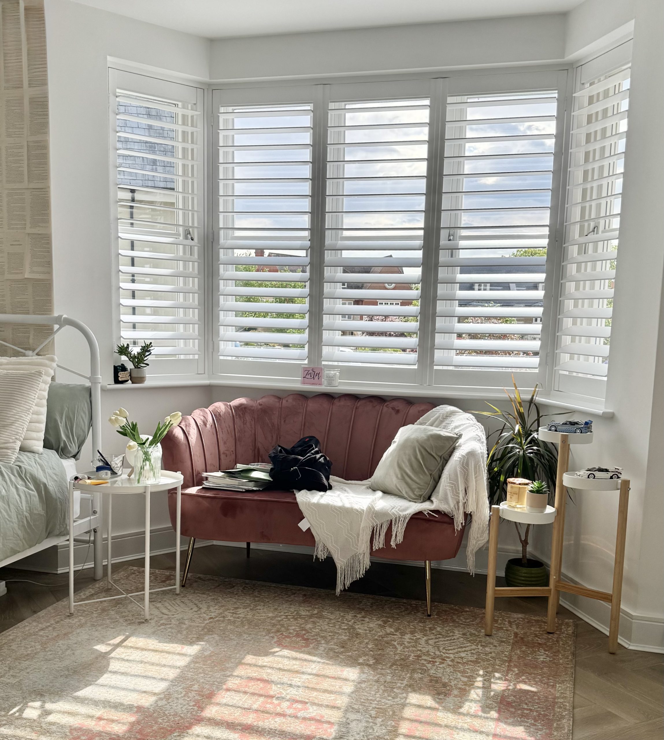 White bay window shutters
